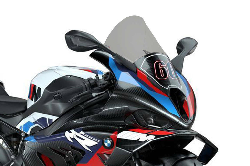 PUIG R-Racer Smoke Windscreen for BMW motorcycle, sleek tinted windshield designed for aerodynamic protection.