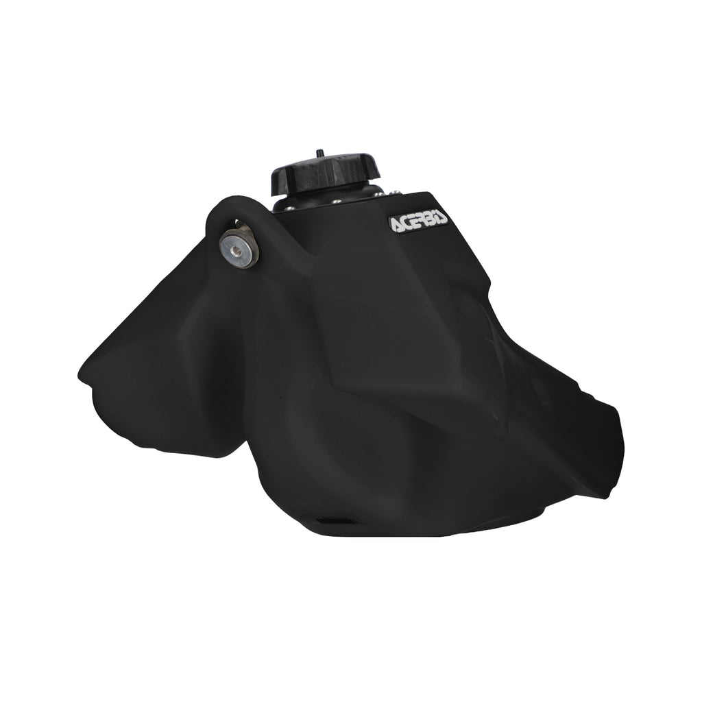 Acerbis black fuel tank for KX motorcycle, showing the sleek, matte black finish and mounting points.