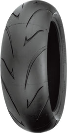 Shinko Verge rear motorcycle tire 150/80ZR16 with tread pattern, sidewall markings, and branding visible on the tire.