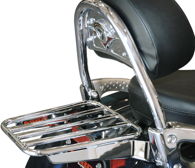 Chrome Cobra Solo luggage rack tube for Kawasaki VN900 with OEM backrest, designed for motorcycle storage and stability.