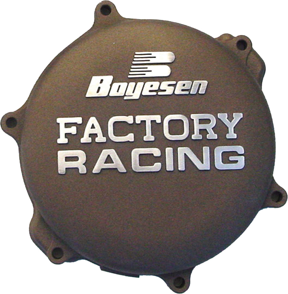 Boyesen Factory Racing Clutch Cover Magnesium for motorcycle, showcasing a sleek, lightweight magnesium clutch cover with branding.