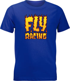 Fly Racing Youth Fly Fire Tee in royal blue, featuring a bold graphic design on the front.