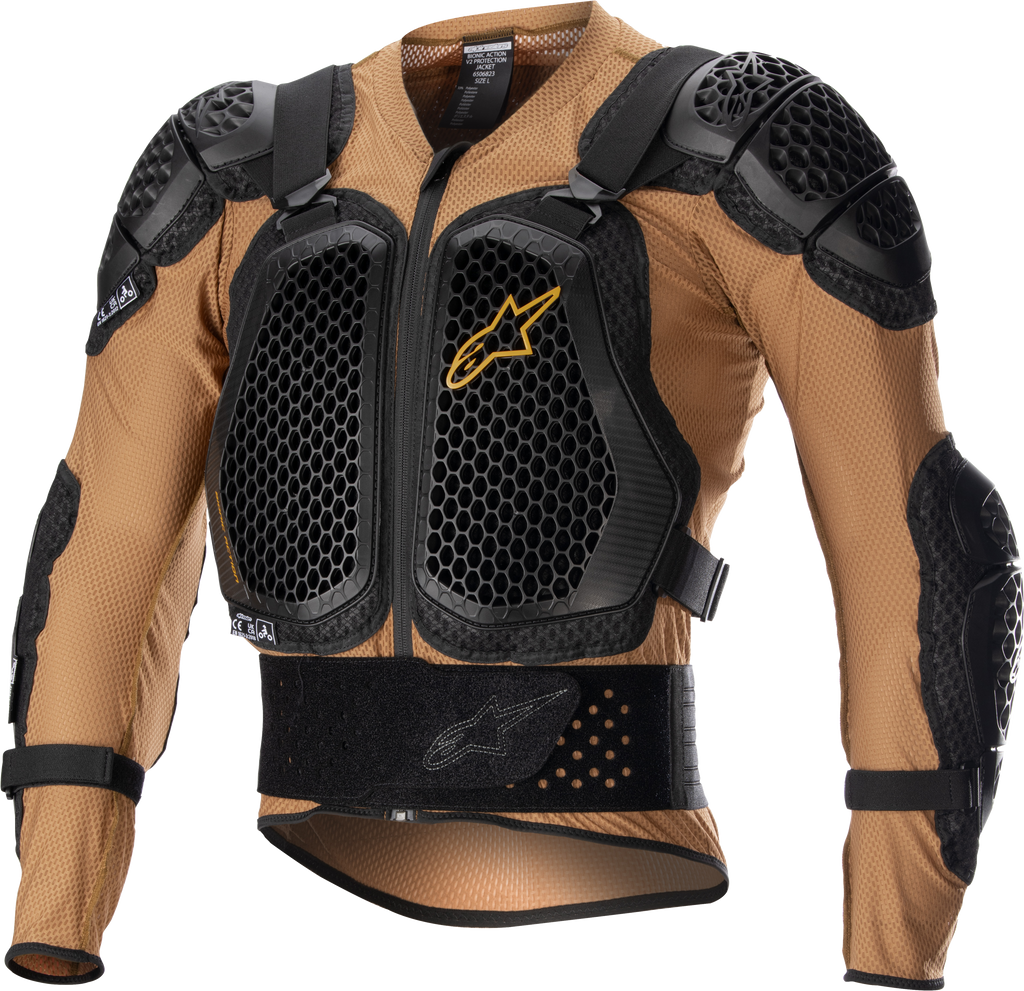 Alpine Star Bionic Action V2 Protection Jacket in sand and black, XL size, featuring durable impact protection and adjustable straps.