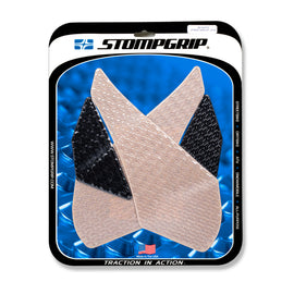 Stompgrip Tank Pad Kit Icon in clear and black for motorcycle tanks, showing textured grip pads and branding details.