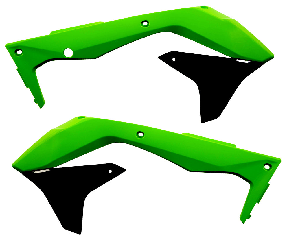 Green and black Acerbis radiator shrouds with bold graphics, designed for motorcycle cooling system protection.