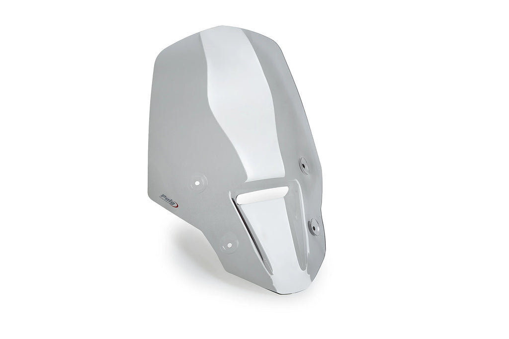 PUIG touring smoke windscreen for motorcycle, clear curved windshield with mounting hardware visible