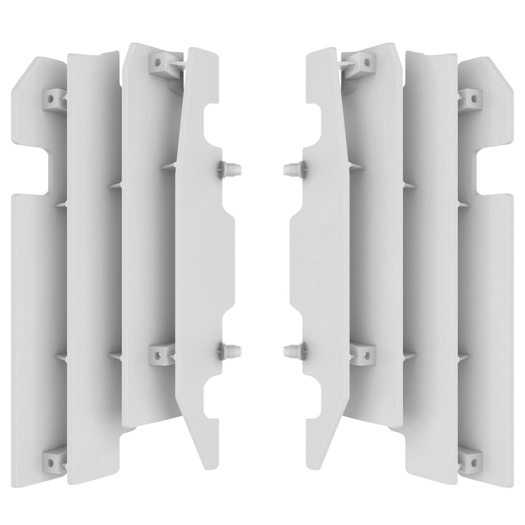 White Polisport Plastics radiator louvers for motorcycle, model 64-56529, with vented design and durable plastic construction.