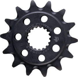 Steel 14-tooth front CS sprocket for Honda CRF250 by Fire Power, shown in a close-up image highlighting the sprocket's teeth and metal finish.