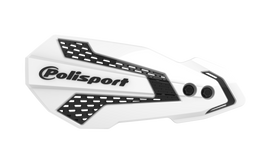 Polisport Plastics MX Flow handguards in white and black on Yamaha YZ250 motocross bike, providing hand protection during riding.