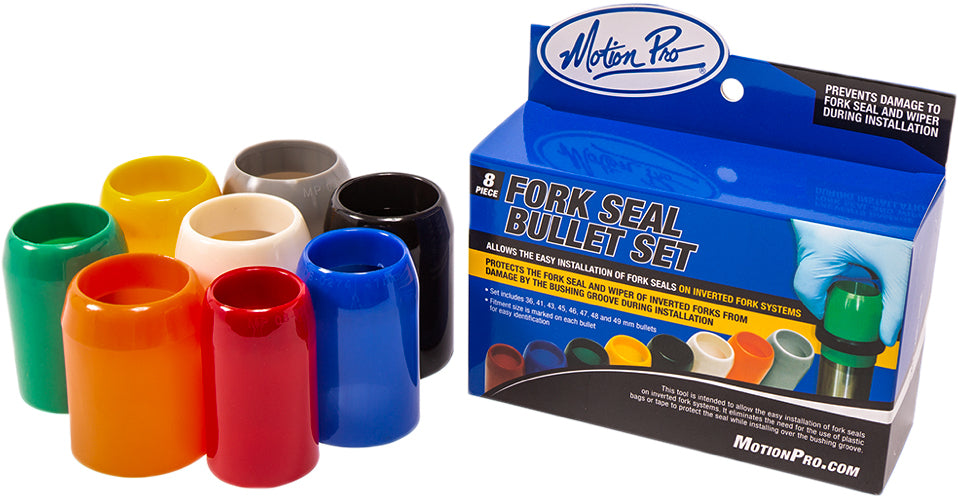Motion Pro Fork Seal Bullet Set of 8, motorcycle fork seals with precise fit, shown in a close-up image of the tools.
