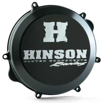 Hinson clutch cover for Yamaha YZ450F engine, black metal with branding, designed to protect and enhance clutch performance.