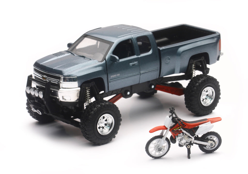 New Ray Toys 1:43 scale truck and race bike accessories, featuring a grey Chevy truck and red Honda bike, detailed miniature models