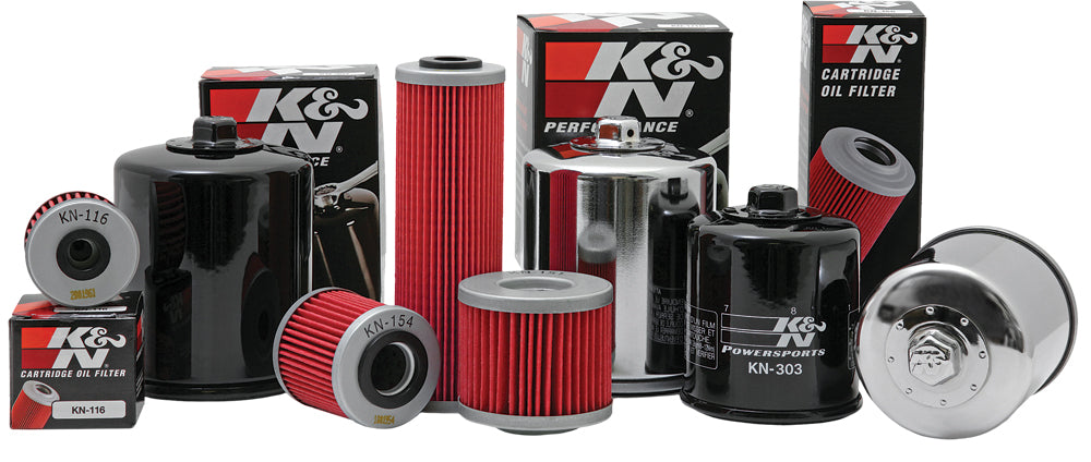 Black K&N oil filter 56-0170 for automotive engines, showcasing the cylindrical design and brand logo on the filter surface.