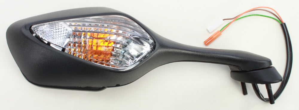Emgo right mirror for motorcycle, showing reflective surface and mounting arm with textured black finish.