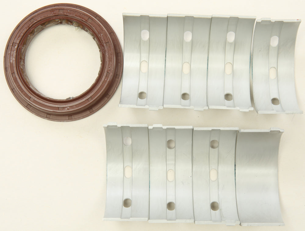 Hot Rods engine main bearing and seal kit with metal bearings, seals, and gaskets for automotive engine maintenance.