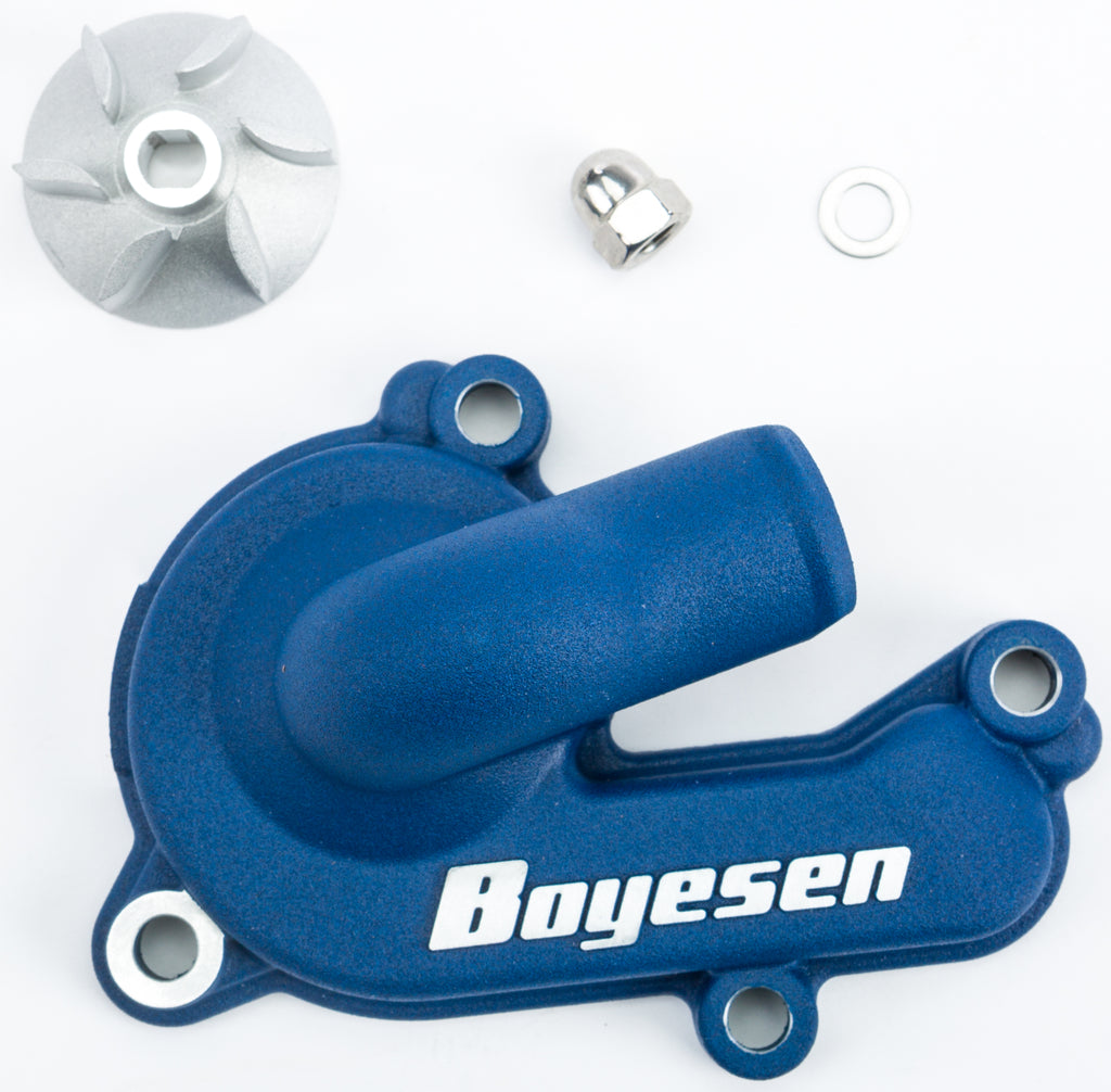 Boyesen waterpump cover and impeller kit in blue, for motorcycle or ATV, with detailed components visible.