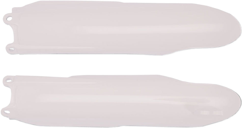 Acerbis white fork guard for motorcycle suspension, showing close-up of the durable plastic component with mounting holes.