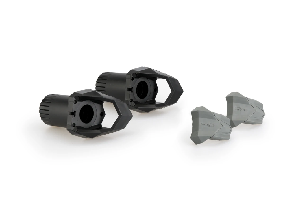 PUIG black frame sliders for R19 motorcycle, showcasing sleek protective components with mounting hardware.