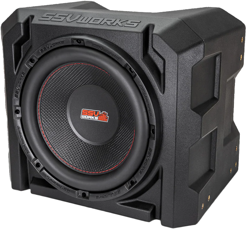 SSV Works universal sub box with 10-inch subwoofer and amplifier for audio enhancement, shown in black enclosure with wiring.