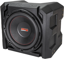 Charger l'image dans la galerie, SSV Works universal sub box with 10-inch subwoofer and amplifier for audio enhancement, shown in black enclosure with wiring.