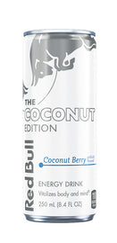 Red Bull Coconut beverage in 8.4oz can, featuring tropical coconut flavor and vibrant branding on the can.