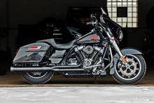 Load image into Gallery viewer, FireBrand Monarch 2-1 black motorcycle exhaust for M8 Touring models 2017-2023, showing the sleek exhaust pipe and silencer.