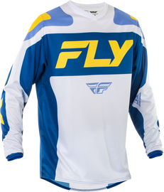 Fly Racing F-16 jersey in white, dark blue, and yellow, XL size, featuring a sporty design with bold color accents.