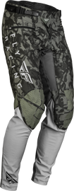 Fly Racing Youth Radium bicycle pants in dark grey camo with grey accents, size 24, designed for active riding.