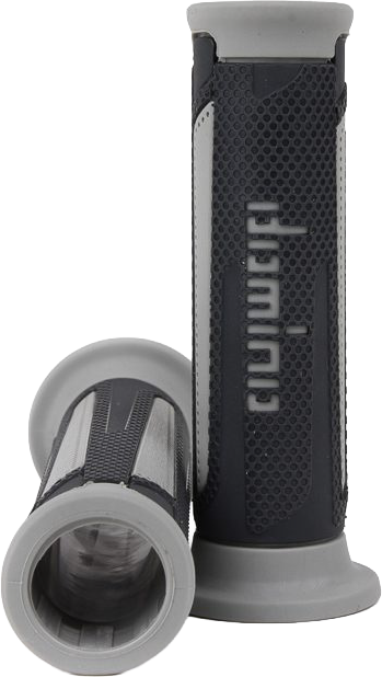 Pair of DOMINO RACING A350 Turismo grips in anthracite and grey for motorcycle handlebars.