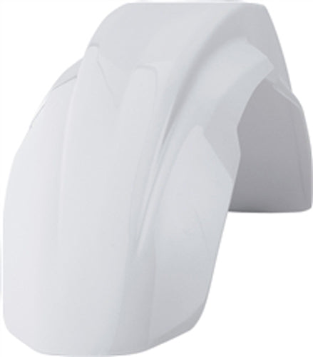 White Polisport Plastics front fender for motorcycles, featuring a sleek design and durable plastic construction.