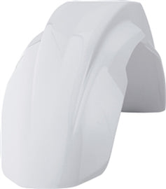 White Polisport Plastics front fender for motorcycles, featuring a sleek design and durable plastic construction.