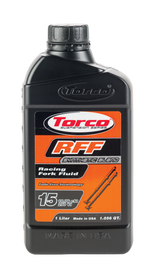 Torco RFF Racing Fork Fluid 15W in a 1-liter bottle, used for motorcycle or racing fork maintenance and suspension performance.