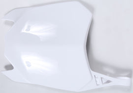 Polisport Plastics white front number plate for motorcycle or dirt bike, with mounting holes and branding visible.