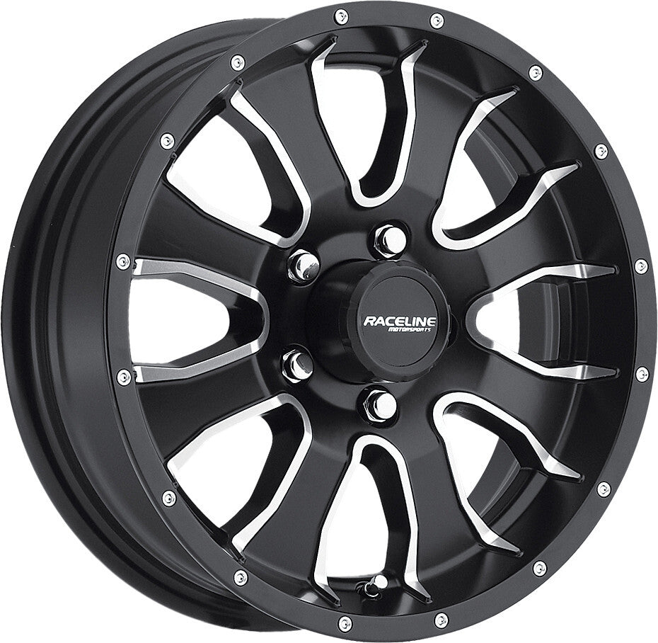 AWC Mamba trailer wheel 15x6 inches with 5x5 bolt pattern and 58-8065 model, showcasing the black wheel with silver accents