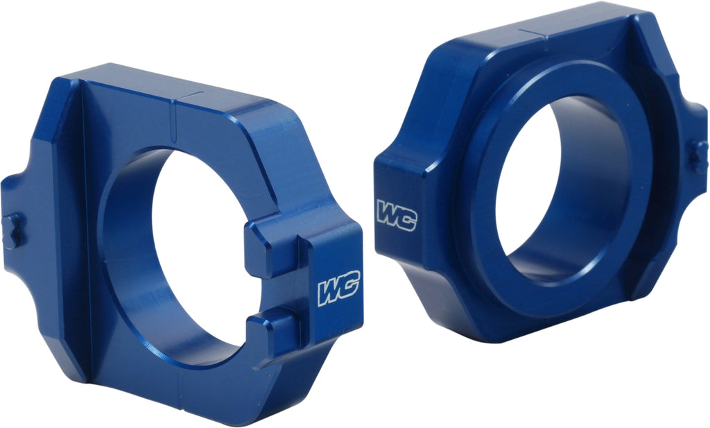 WORKS Axle Blocks Elite Hon Blue drive axle blocks, durable bike components for secure wheel mounting, shown in vibrant blue.
