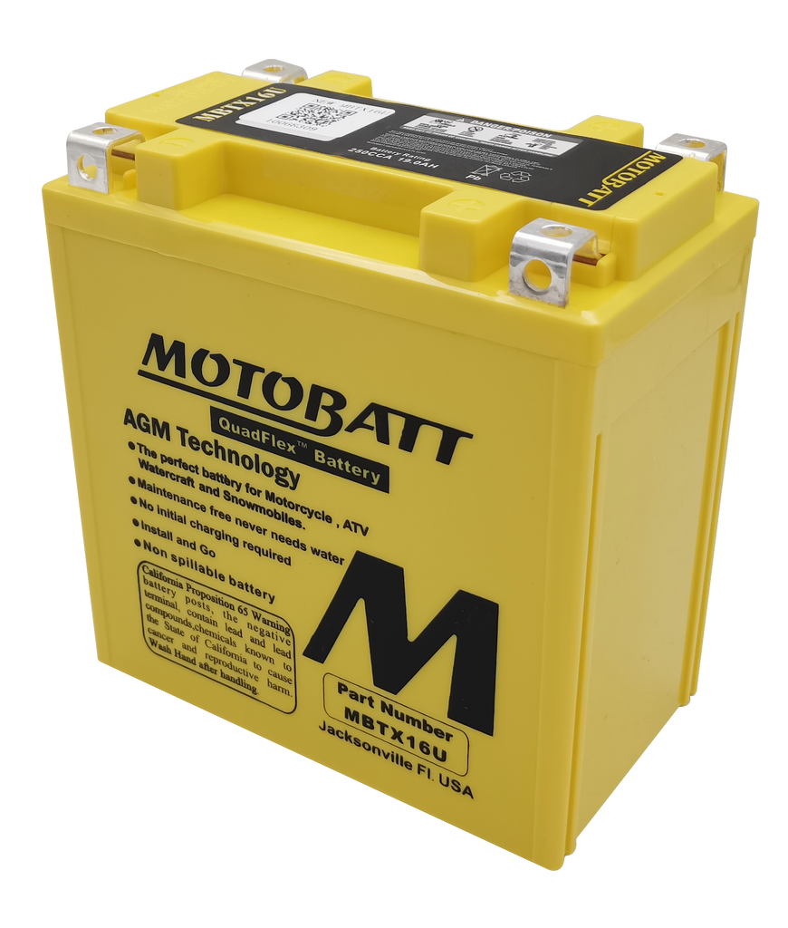 Motobatt MBTX16U sealed lead-acid motorcycle battery with factory activation, featuring durable casing and terminal posts.