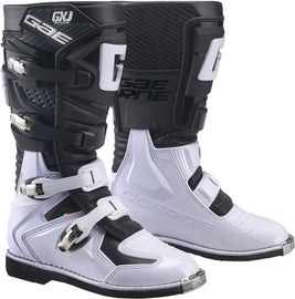 Gaerne Gx-J motorcycle boots in black and white, size 6, showing the front view with sturdy design and branding details.