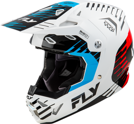 Fly Racing Formula CP Slice helmet in white, red, and cyan with XS size, featuring sleek design and ventilation for motocross riding.