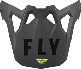 Fly Racing Formula CP Slant Visor in black, grey, and hi-vis colors, YM-SM size, shown in a close-up view.