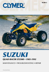 Clymer repair manual for Suzuki Quadracer 27-M380 off-road ATV, open pages showing technical diagrams and repair instructions.
