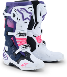 Alpine Star Tech 10 motorcycle gloves in white, violet, navy, and pink with reinforced knuckles and breathable fabric.