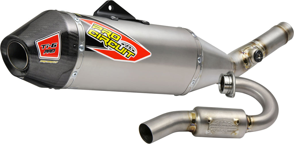 Pro Circuit Ti-6 Pro exhaust system with carbon end cap for Kawasaki motorcycle, showcasing the sleek titanium and carbon fiber components.