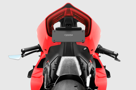 RIZOMA Flat-Out Fender Eliminator kit for Ducati 58-PTU010B, close-up of sleek black motorcycle body part and mounting hardware.