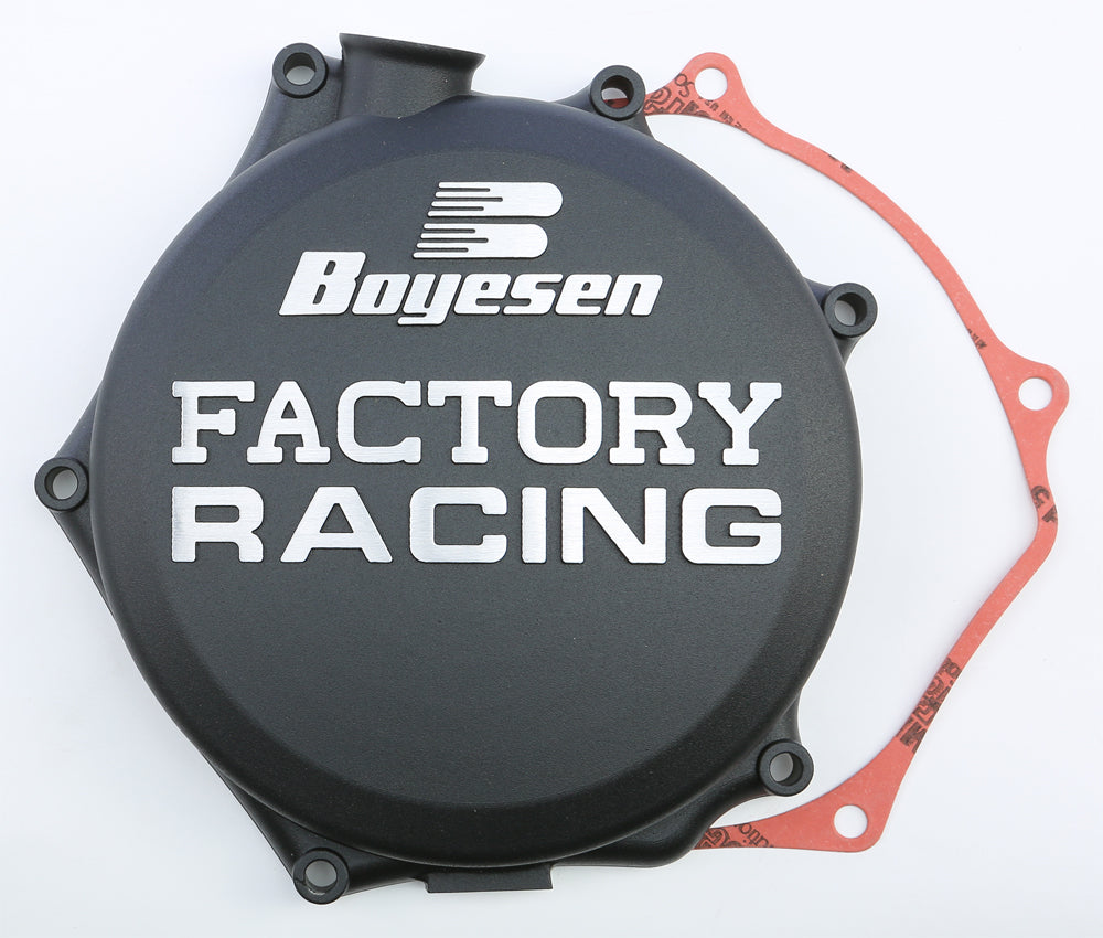 Boyesen Factory Racing Clutch Cover in black for motorcycles, featuring a sleek design and durable construction.