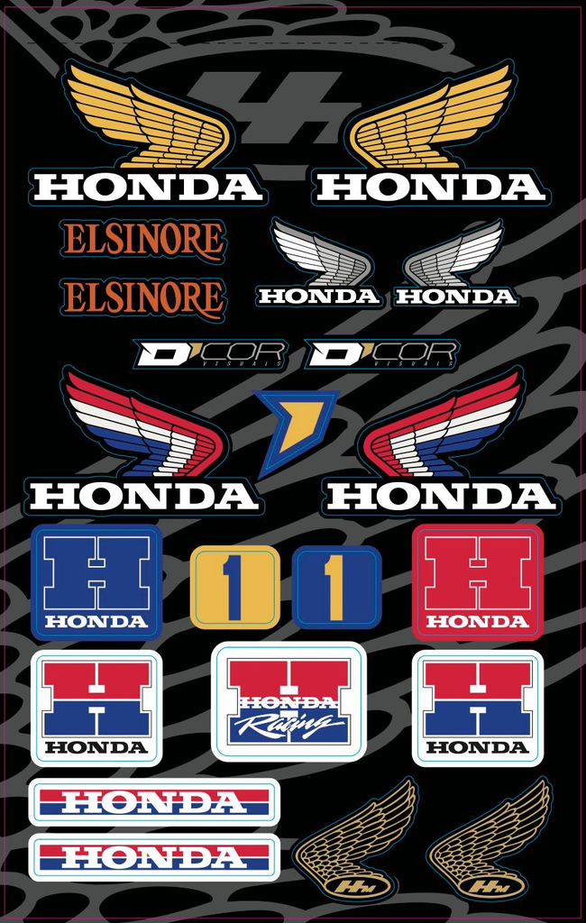 DCOR decal sheets for Honda, featuring various sticker designs on a sheet, suitable for vehicle customization.