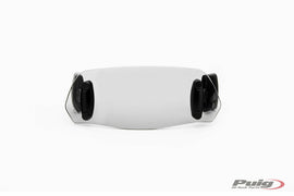 PUIG smoke windshield clip-on visor for motorcycles, multi-adjustable, 100x315mm, fits various helmet models.