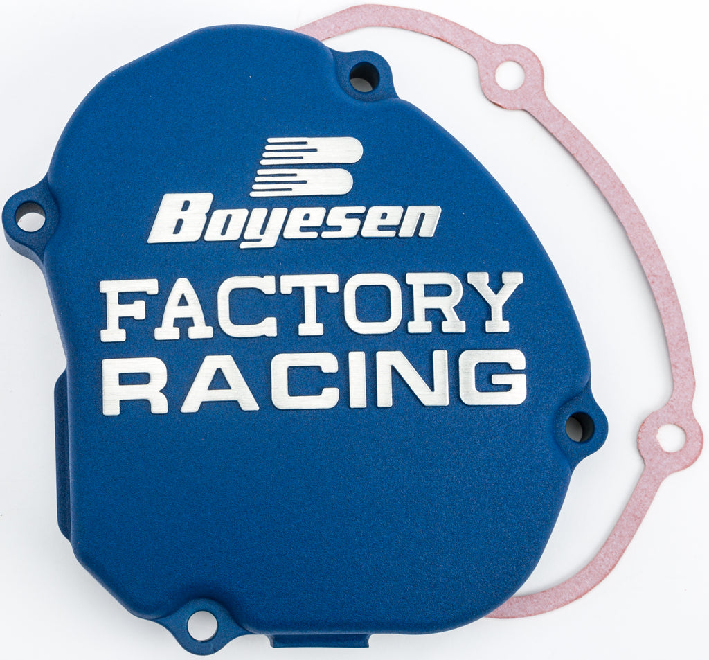 Boyesen Factory Racing Ignition Cover in blue for off-road motorcycles, featuring a sleek design and durable construction.