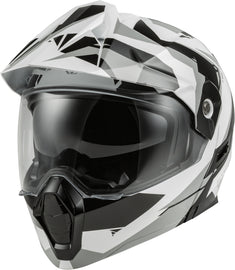 Fly Racing Odyssey Summit helmet in black, white, and grey with large size, featuring aerodynamic design and ventilation.