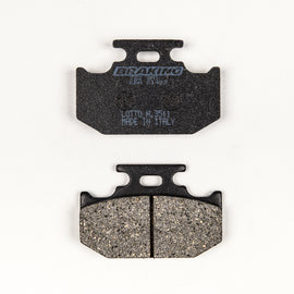 Braking semi-metallic brake pad set 31-722S for vehicle brakes, showing the new brake pads with metal backing plates.
