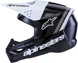 Alpine Star Sm3 Radium helmet in black, white, and gray glossy finish, large size, showing sleek aerodynamic design and ventilation vents.